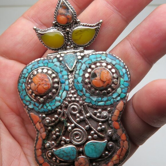 *925 Silver Antique Tibetan Coral Turquoise Pendant - Picture 2 of 8